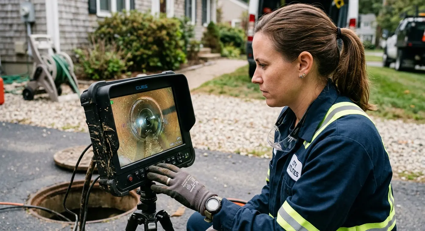 Technician reviewing sewer camera inspection footage in West Miami