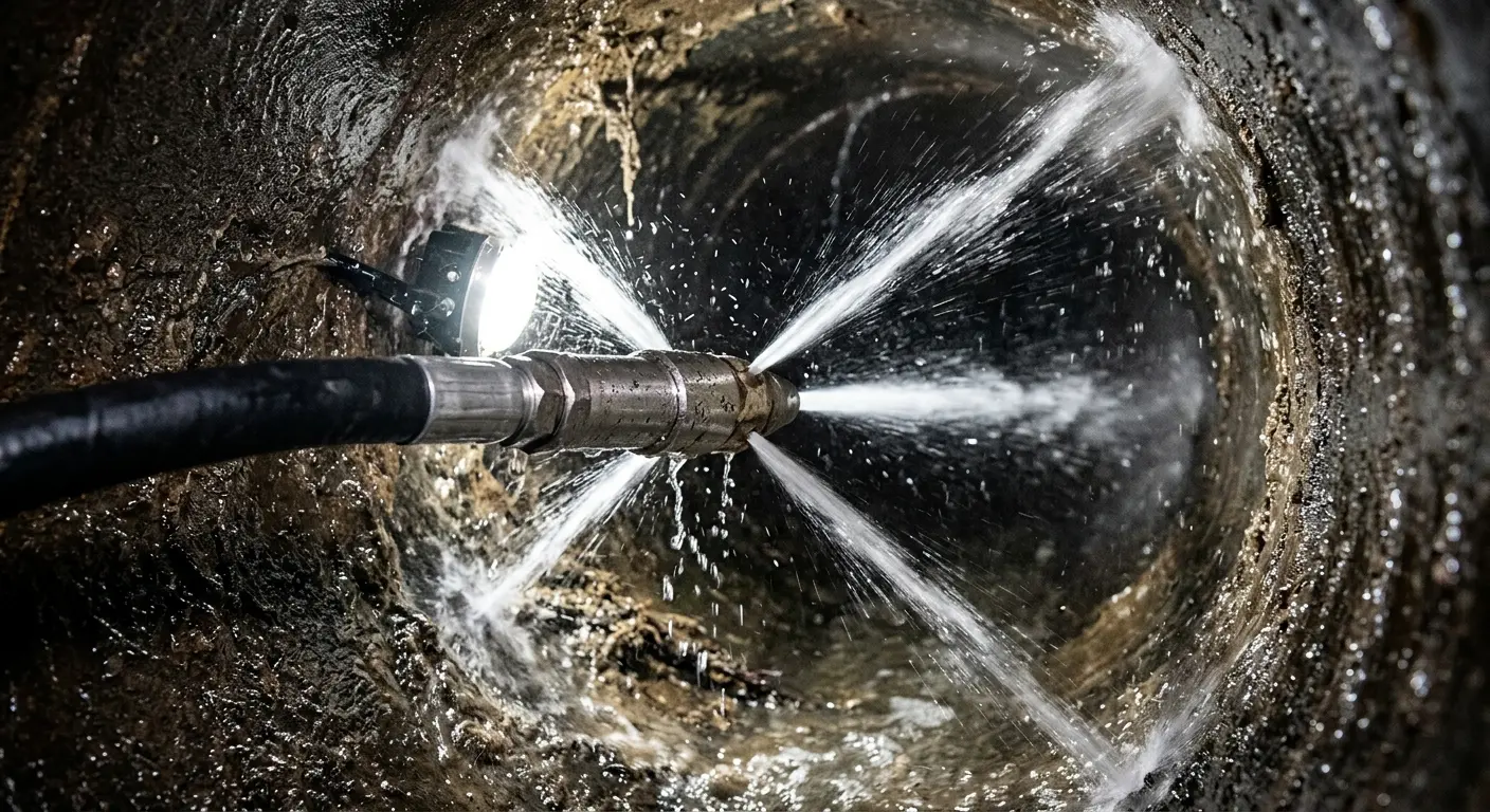 High-pressure hydro jetting nozzle cleaning sewer pipe for Storm Drain Cleaning in West Miami